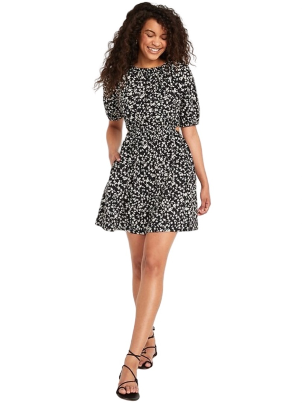NWOT Old Navy Black White Floral Puff Sleeve Cotton Poplin Cut Out Mini Dress XS